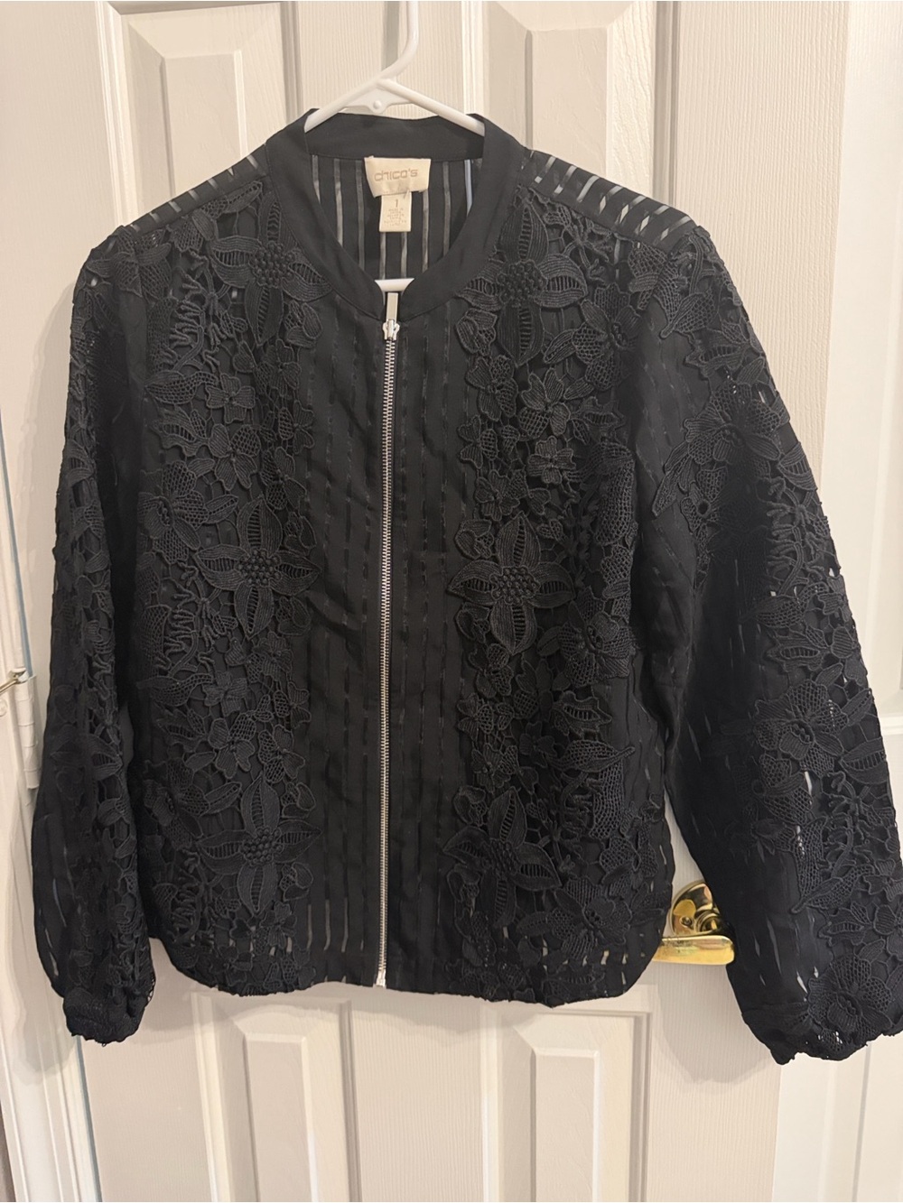 Chico's Black Floral Lace Bomber Jacket, EUC, Size 1